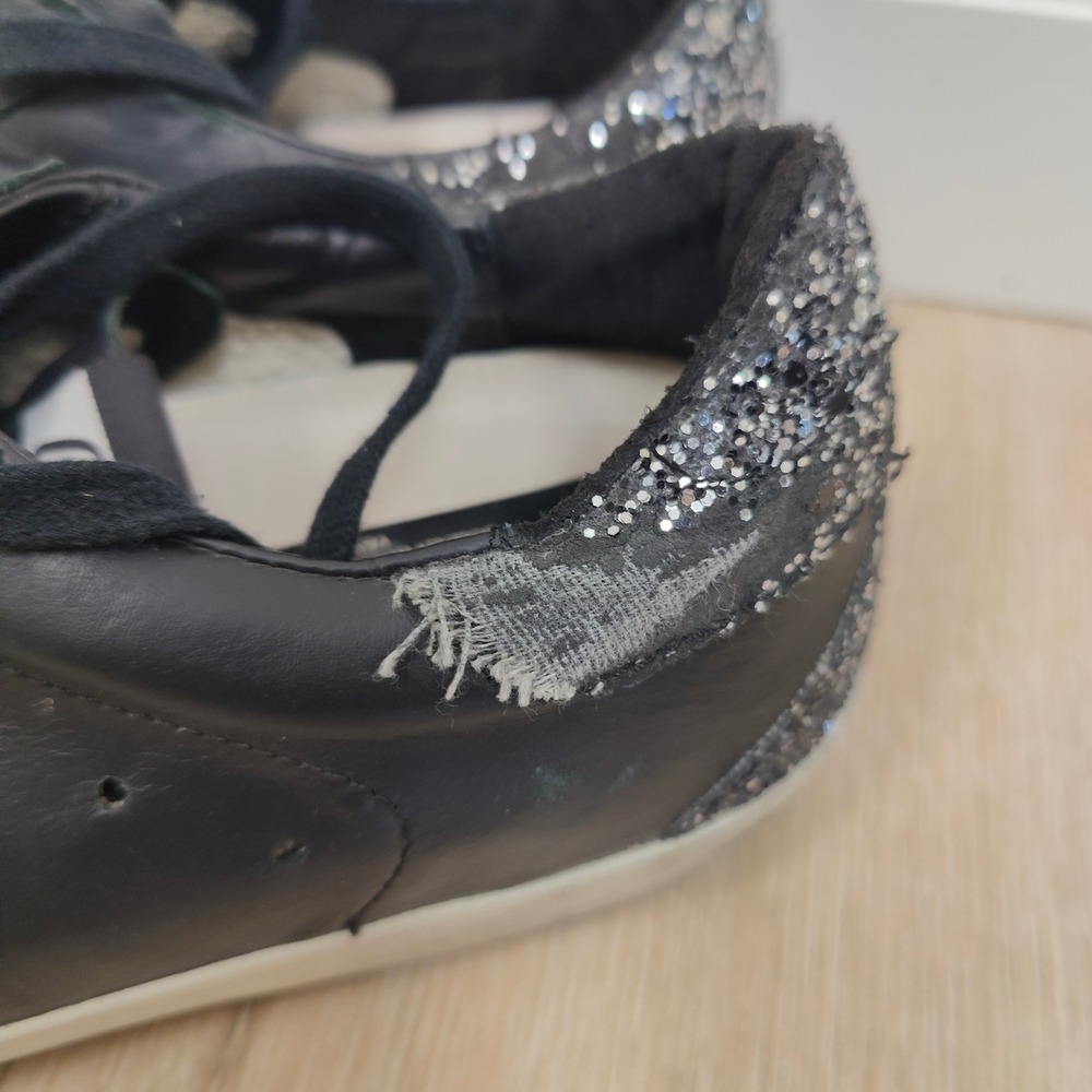 Golden Goose Superstar Sneakers Women 39 9 Black Leather Glitter Star Distressed - Picture 7 of 12